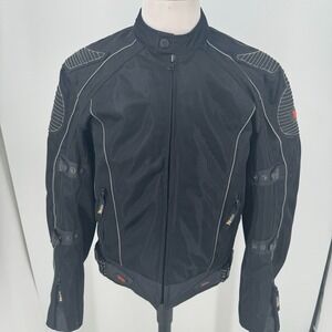 Xelement Motorcycle Jacket MENS Black Nylon Full Zip Reflective Piping Coat L